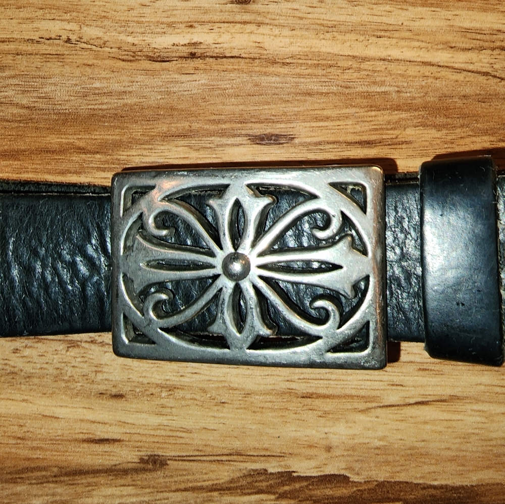 Silver chrome hearts look belt buckle with black leather belt